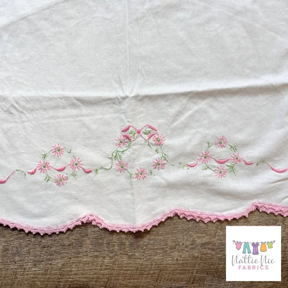 Vintage Pillowcase with pink embroidery and pink crochet trim‎